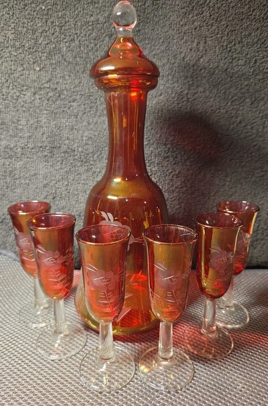 Vintage Bohemian Czech Cranberry Etched Glass Decanter and 6 Cordial Glasses Set